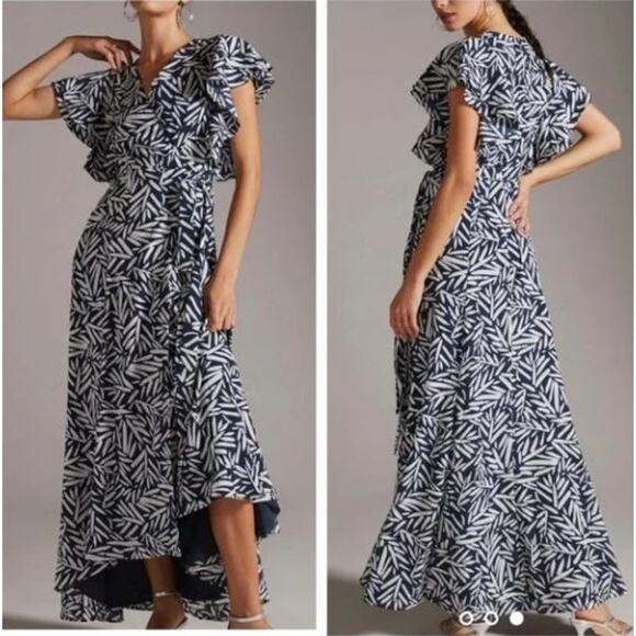 Anthropologie Hutch Zuri Wrap Maxi Dress Navy Leaf Print Size S - Picture 1 of 8